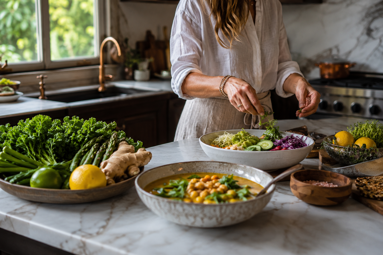 Magdalena in her kitchen with fresh seasonal vegetables