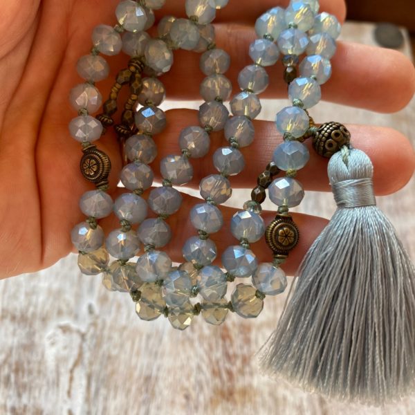 7mm Crystal Rondelle Gray Moonstone with Soft Gray Tassel - Image 2