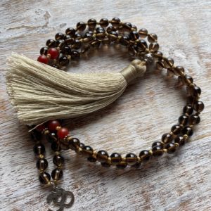 6mm Smoky Quartz & Carnelian and Soft Beige Tassel