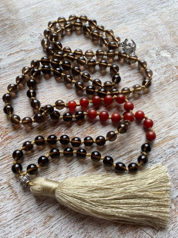 6mm Smoky Quartz & Carnelian and Soft Beige Tassel - Image 3