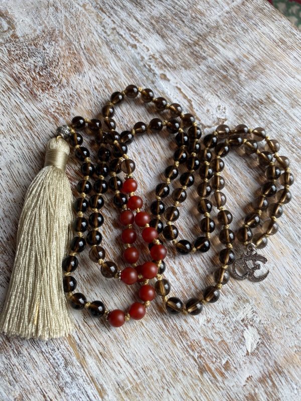 6mm Smoky Quartz & Carnelian and Soft Beige Tassel - Image 2